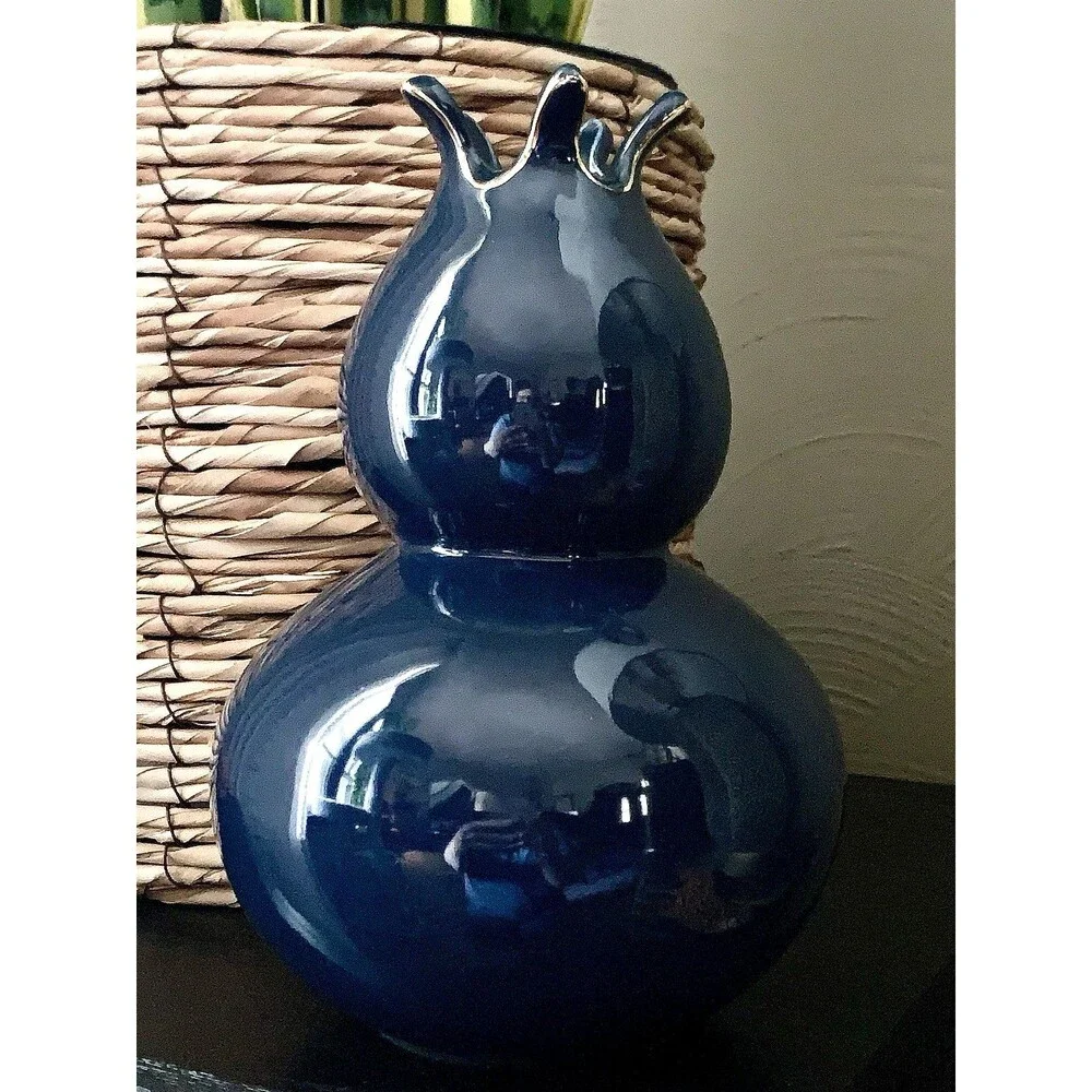 Cobalt Blue Gourd Vase Glossy Pomegranate Ceramic Dark Academia Mood Maximalist